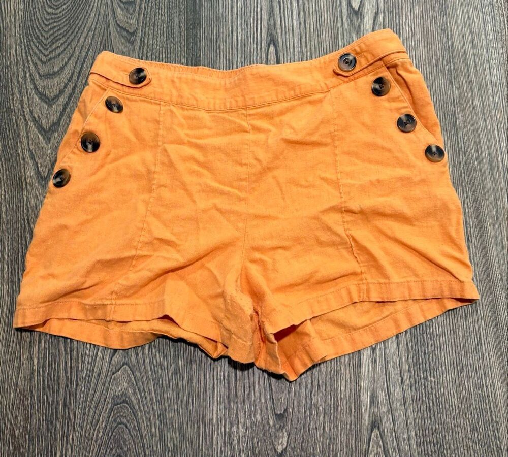 Calligraphe Womens Linen Shorts High Rise Button Accent Pull-On Orange Size M